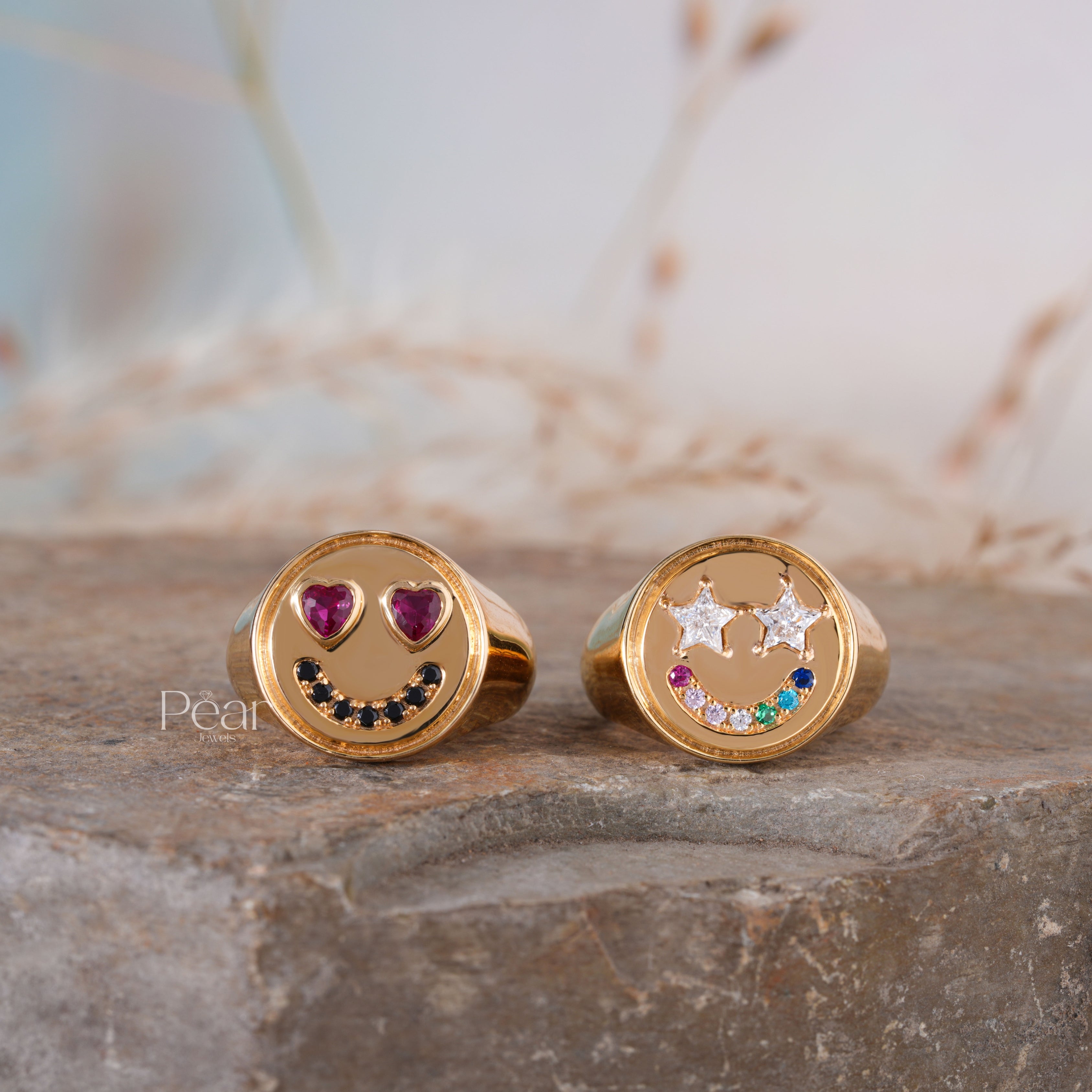 Smiley Signet Ring With Lab grown Diamond & Gemstones - Pear Jewels